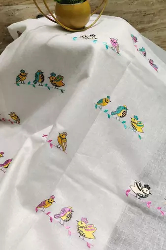 Handwoven white linen saree with embroidery work