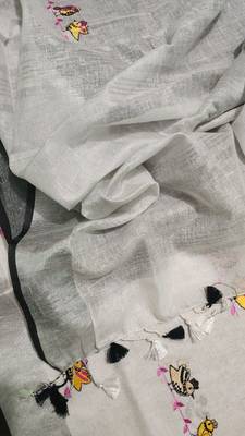 Handwoven white linen saree with embroidery work 2