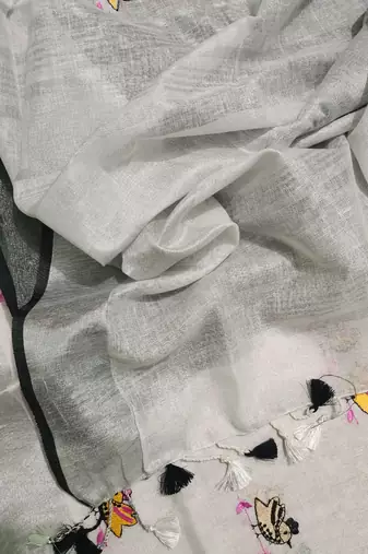 Handwoven white linen saree with embroidery work