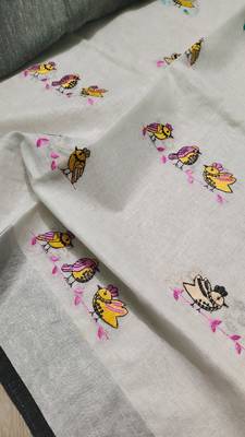 Handwoven white linen saree with embroidery work 3