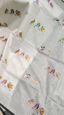 Handwoven white linen saree with embroidery work 5