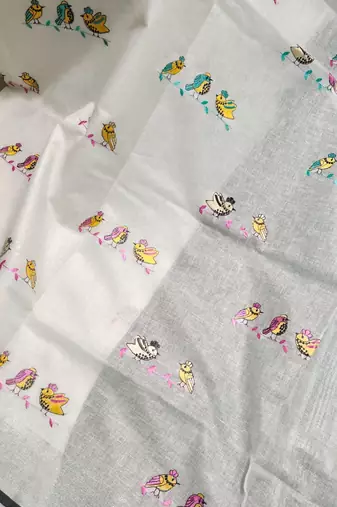 Handwoven white linen saree with embroidery work