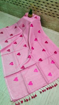 Heart embroidered pink handloom linen saree 1