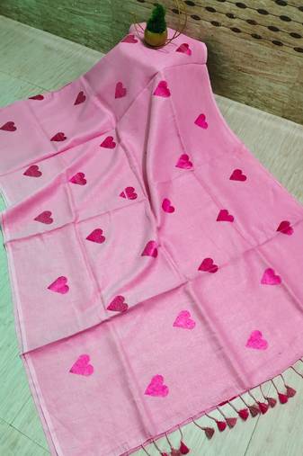 Heart embroidered pink handloom linen saree