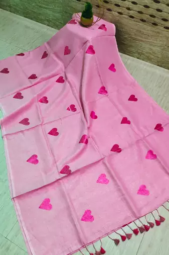 Heart embroidered pink handloom linen saree