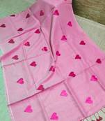 Heart embroidered pink handloom linen saree