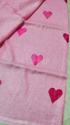 Heart embroidered pink handloom linen saree 2