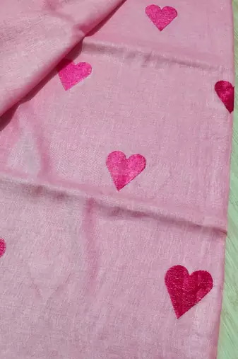 Heart embroidered pink handloom linen saree