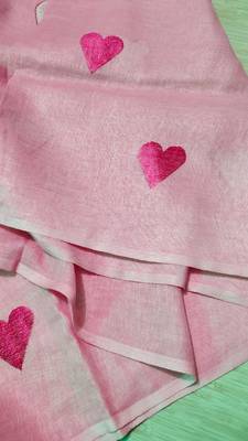 Heart embroidered pink handloom linen saree 3