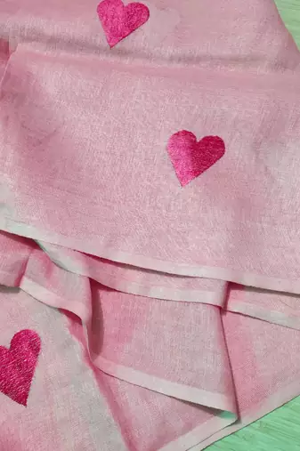 Heart embroidered pink handloom linen saree