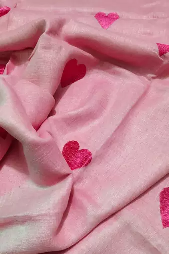 Heart embroidered pink handloom linen saree