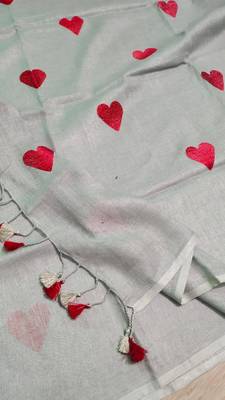 Heart embroidered grey handloom linen saree 1