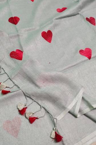 Heart embroidered grey handloom linen saree