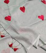 Heart embroidered grey handloom linen saree
