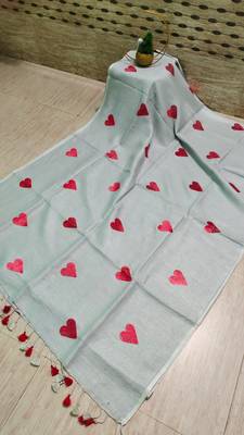 Heart embroidered grey handloom linen saree 2