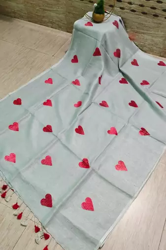 Heart embroidered grey handloom linen saree
