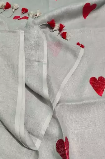 Heart embroidered grey handloom linen saree