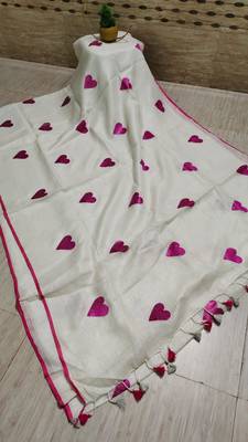 Heart embroidered white handloom linen saree 1