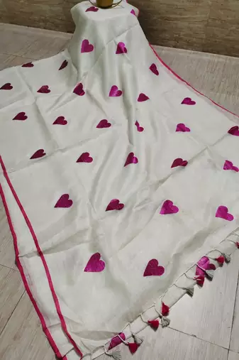 Heart embroidered white handloom linen saree