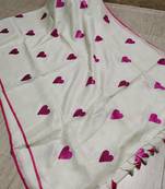 Heart embroidered white handloom linen saree