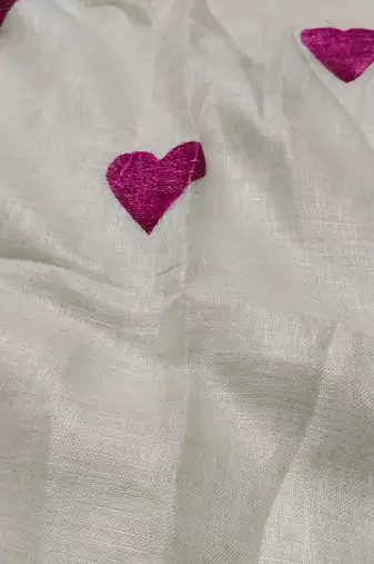 Heart embroidered white handloom linen saree