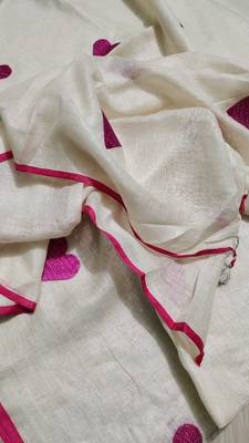 Heart embroidered white handloom linen saree 5