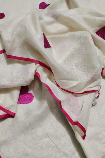 Heart embroidered white handloom linen saree