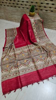 Handloom tussar silk saree with madhubani print 1
