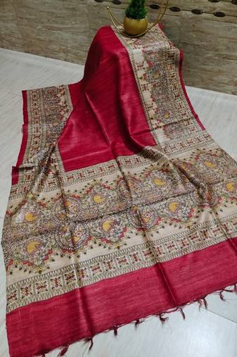 Handloom tussar silk saree with madhubani print