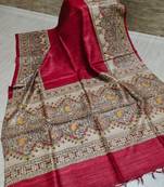 Handloom tussar silk saree with madhubani print