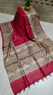 Handloom tussar silk saree with madhubani print 2