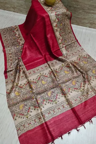 Handloom tussar silk saree with madhubani print