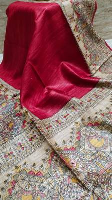Handloom tussar silk saree with madhubani print 3