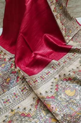 Handloom tussar silk saree with madhubani print