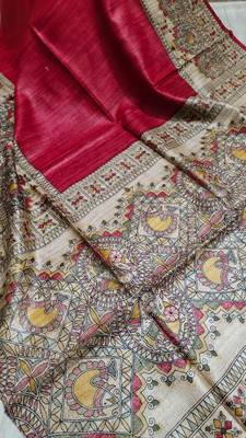 Handloom tussar silk saree with madhubani print 4