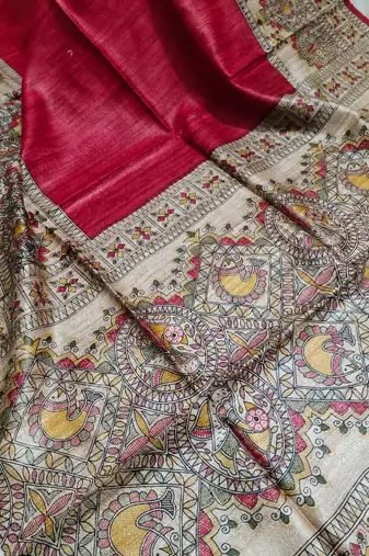 Handloom tussar silk saree with madhubani print