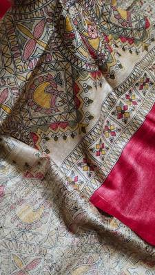 Handloom tussar silk saree with madhubani print 5