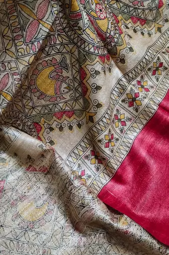 Handloom tussar silk saree with madhubani print