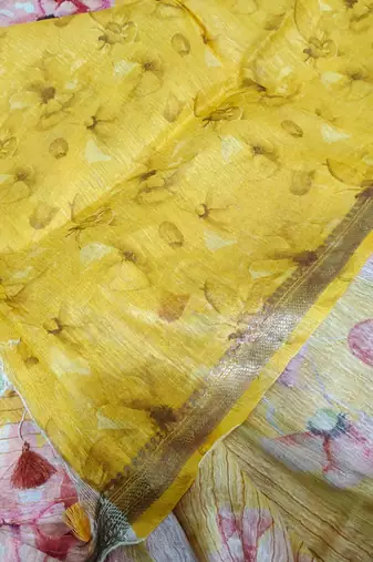Digital printed  handloom linen saree