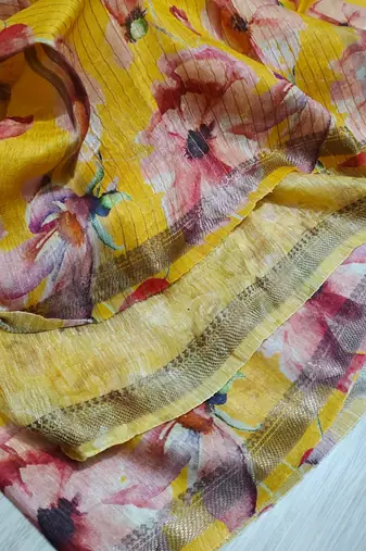 Digital printed  handloom linen saree