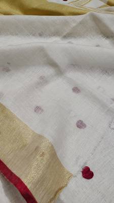 Handwoven white linen saree with heart embroidery work 1