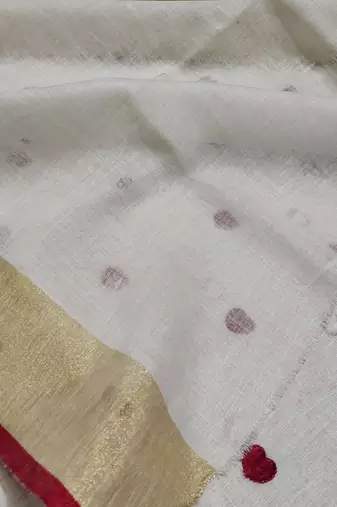 Handwoven white linen saree with heart embroidery work