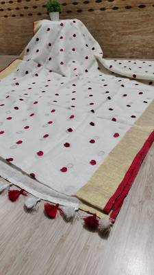 Handwoven white linen saree with heart embroidery work 2