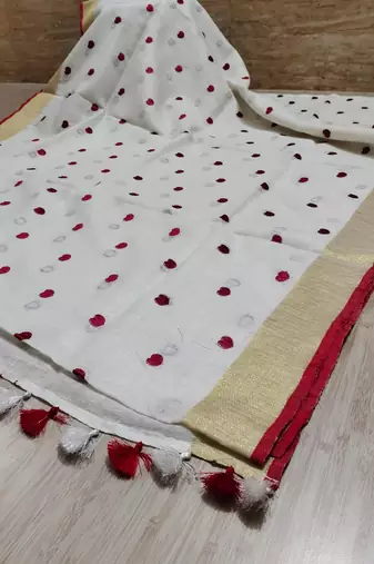 Handwoven white linen saree with heart embroidery work