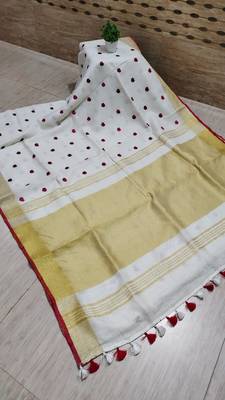 Handwoven white linen saree with heart embroidery work 3