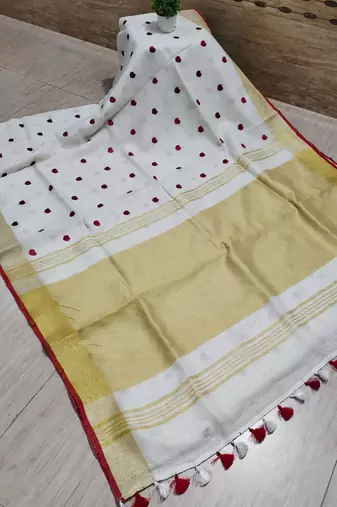 Handwoven white linen saree with heart embroidery work