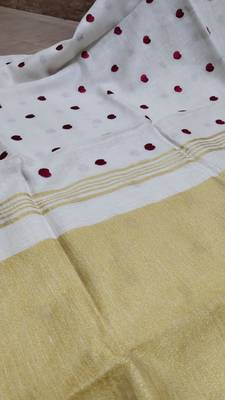 Handwoven white linen saree with heart embroidery work 5