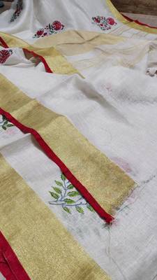 Handwoven white linen saree with embroidery work 1