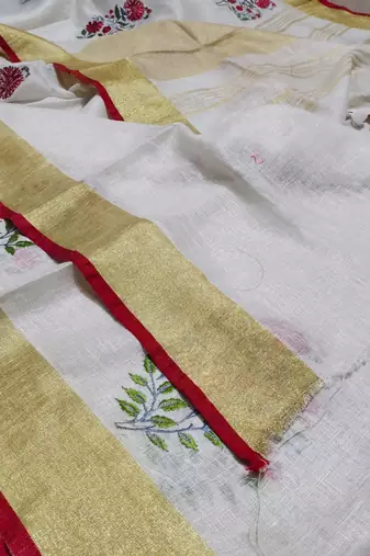 Handwoven white linen saree with embroidery work