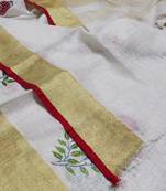 Handwoven white linen saree with embroidery work